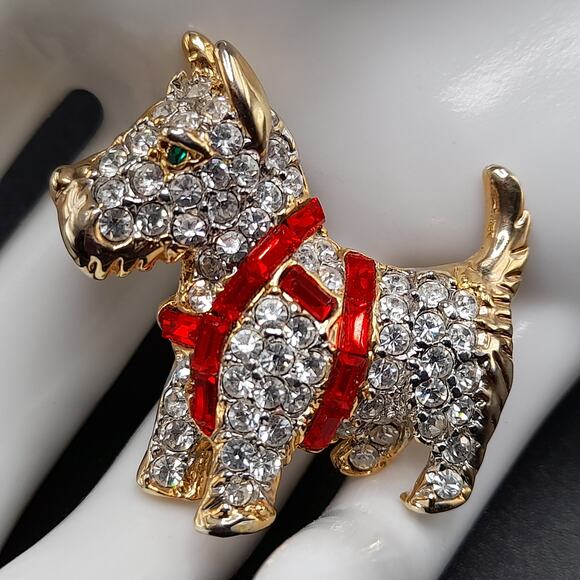Vintage Scottie Terrier Dog Brooch, Red Clear Rhinestones, 80s Vintage Jewelry - Picture 1 of 9